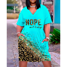 Plus Size Nope Not Today Contrast Leopard Print Casual Dress - blue