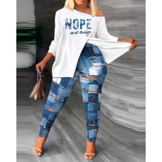 Plus Size Nope Not Today Denim Look Print Split Hem Top & Pants Set - blue