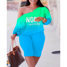 Plus Size Nope Not Today Print Ombre Top & Pants Set - green