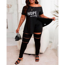 Plus Size Nope Not Today Print Split Hem Top & Ladder Cutout Pants Set - black