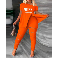 Plus Size Nope Not Today Print Split Hem Top & Ladder Cutout Pants Set - orange