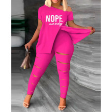 Plus Size Nope Not Today Print Split Hem Top & Ladder Cutout Pants Set - rose red