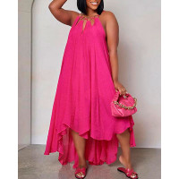 Plus Size O-Ring Decor Cutout Asymmetrical Casual Dress - hot pink