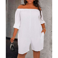 Plus Size Off Shoulder Pocket Design Casual Romper - beige