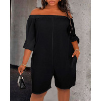 Plus Size Off Shoulder Pocket Design Casual Romper - black