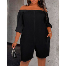 Plus Size Off Shoulder Pocket Design Casual Romper - black