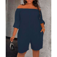 Plus Size Off Shoulder Pocket Design Casual Romper - purplish blue