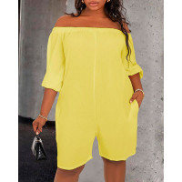 Plus Size Off Shoulder Pocket Design Casual Romper - yellow