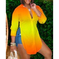 Plus Size Ombre Buttoned Long Sleeve Slit Shirt - yellow