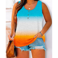 Plus Size Ombre Buttoned U-Neck Top - Multicolor