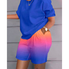 Plus Size Ombre Casual Top & Pocket Design Shorts Set - blue