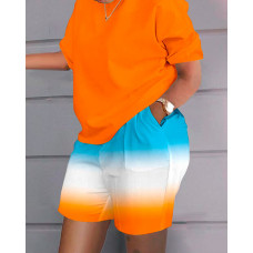 Plus Size Ombre Casual Top & Pocket Design Shorts Set - orange