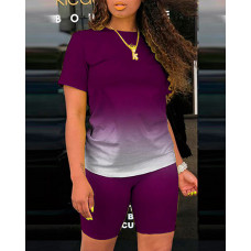 Plus Size Ombre Casual Top & Shorts Set - purple