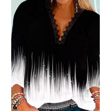 Plus Size Ombre Contrast Lace V-Neck Casual Top - black