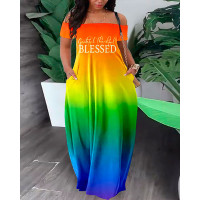 Plus Size Ombre Grateful Thankful Blessed Print Maxi Dress - Multicolor