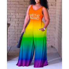 Plus Size Ombre Grateful Thankful Blessed Print Wide Leg Jumpsuit - Multicolor