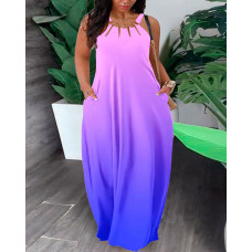 Plus Size Ombre O-Ring Decor Pocket Design Maxi Dress - purple