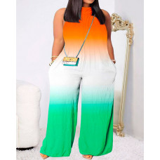 Plus Size Ombre Print Sleeveless Ruched Wide Leg Jumpsuit - green