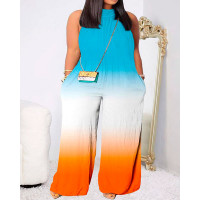 Plus Size Ombre Print Sleeveless Ruched Wide Leg Jumpsuit - Multicolor