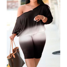 Plus Size Ombre Print Top & Capris Pants Set - black