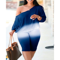 Plus Size Ombre Print Top & Capris Pants Set - blue