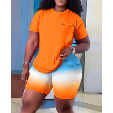 Plus Size Ombre Round Neck Pocket Design Top & Shorts Set - orange