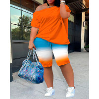 Plus Size Ombre Skew Neck Top & Drawstring Shorts Set - Multicolor