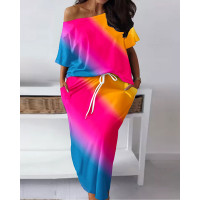 Plus Size Ombre Skew Neck Top & Drawstring Skirt Set - Multicolor