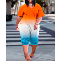 Plus Size Ombre Tie Dye Print Short Sleeve Jumpsuit - orange