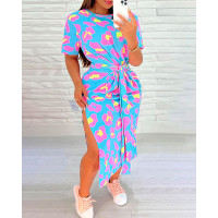 Plus Size Pink Leopard Print Draped Slit Casual Dress - Lighted Blue