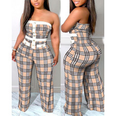 Plus Size Plaid Print Bandeau Wide Leg Jumpsuit - khaki