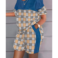 Plus Size Plaid Print Patchwork Casual Top & Shorts Set - blue