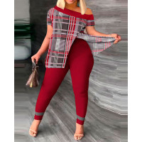 Plus Size Plaid Print Split Hem Top & Pants Set - red