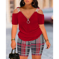 Plus Size Plaid Print Zipper Design Top & Shorts Set - red