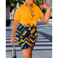 Plus Size Plain Buttoned Crop Top & Geometric Print Shorts Set - yellow