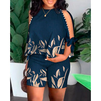 Plus Size Plants Print Beaded Top & Shorts Set - blue