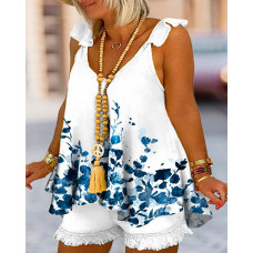 Plus Size Plants Print Flutter Sleeve Flowy Tank Top & Raw Hem Shorts Set - white