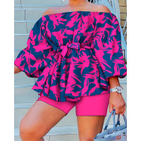 Plus Size Plants Print Off Shoulder Top & Shorts Set - Multicolor