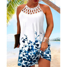 Plus Size Plants Print Sleeveless Hollow Out Casual Dress - white