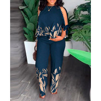 Plus Size Plants Print Split Sleeve Top & Straight Leg Pants Set - blue