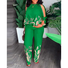 Plus Size Plants Print Split Sleeve Top & Straight Leg Pants Set - green