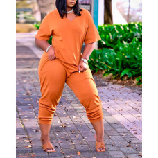 Plus Size Pocket Detail Short Sleeve Jumpsuit - orange