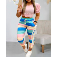 Plus Size Puff Sleeve Crop Top & Striped Drawstring Pants Set - pink