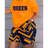 Plus Size Queen Geometric Print Casual Top & Shorts Set - orange