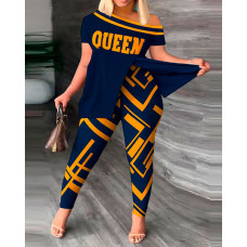 Plus Size Queen Geometric Print Split Hem Top & Pants Set - purplish blue