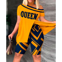 Plus Size Queen Geometric Print Split Hem Top & Shorts Set - orange