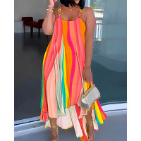 Plus Size Rainbow Colorblock Chain Strap Asymmetrical Casual Dress - Multicolor