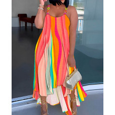 Plus Size Rainbow Colorblock Chain Strap Asymmetrical Casual Dress - Multicolor