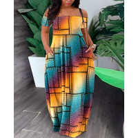 Plus Size Rainbow Ombre Denim Look Print Off Shoulder Dress - Multicolor