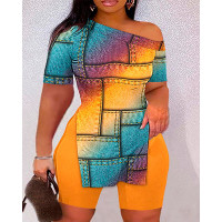 Plus Size Rainbow Ombre Denim Look Print Side Slit Top & Shorts Set - orange